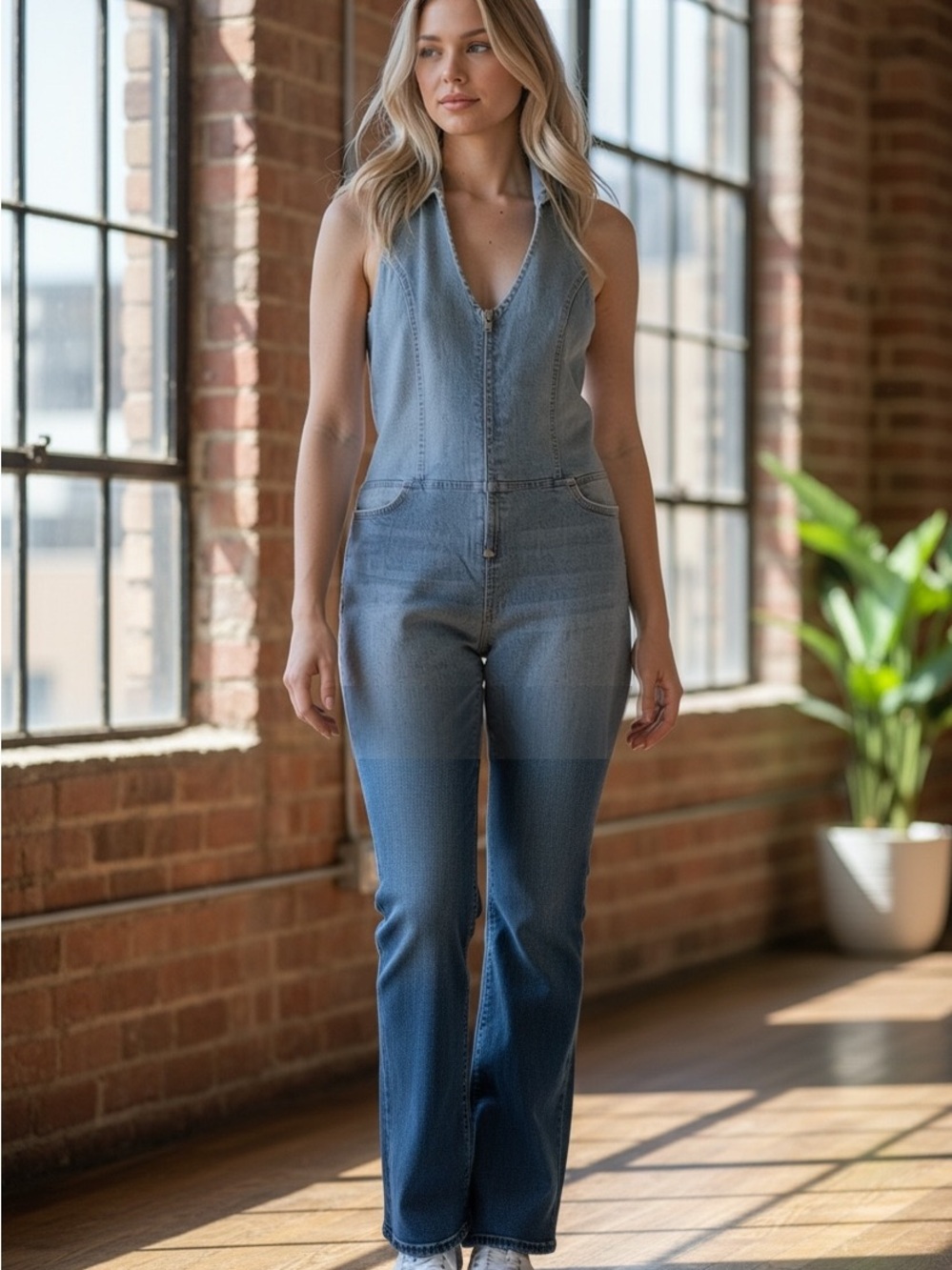 NWT Sleeveless Love TDenim Jumpsuit in Faded Blue size Junior Large